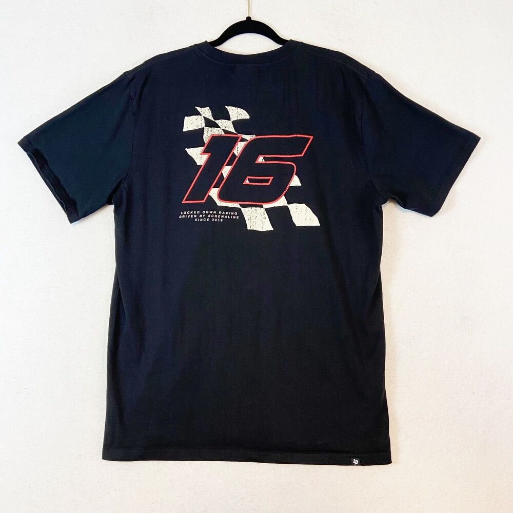 Locked Down Racing Men's Crewneck T-Shirt Sz XL Black Short Sleeve 16 Checkered